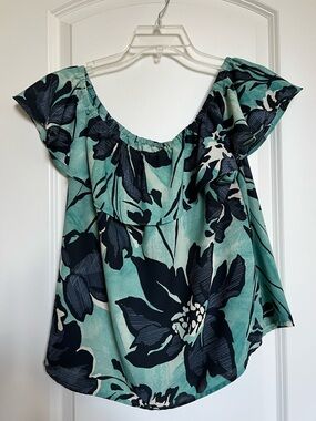 Maeve Size M Blue & Green Island Breezy Top Ruffled Scoop Neck Off the Shoulder